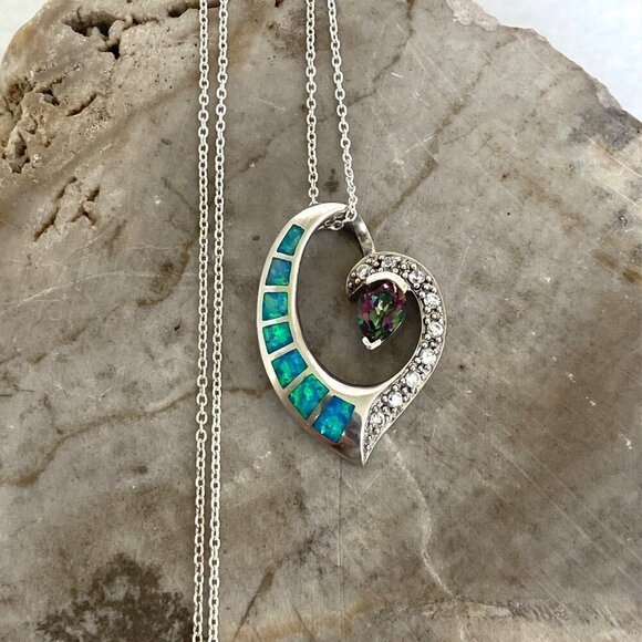 Sterling Silver 925 5☆ Mystic Quartz & Blue Gilson Opal Pendant Necklace 18" - Picture 1 of 16